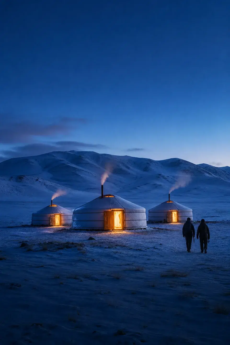 A warmly lit ger camp on Mongolia's snow-covered steppe at blue hour
