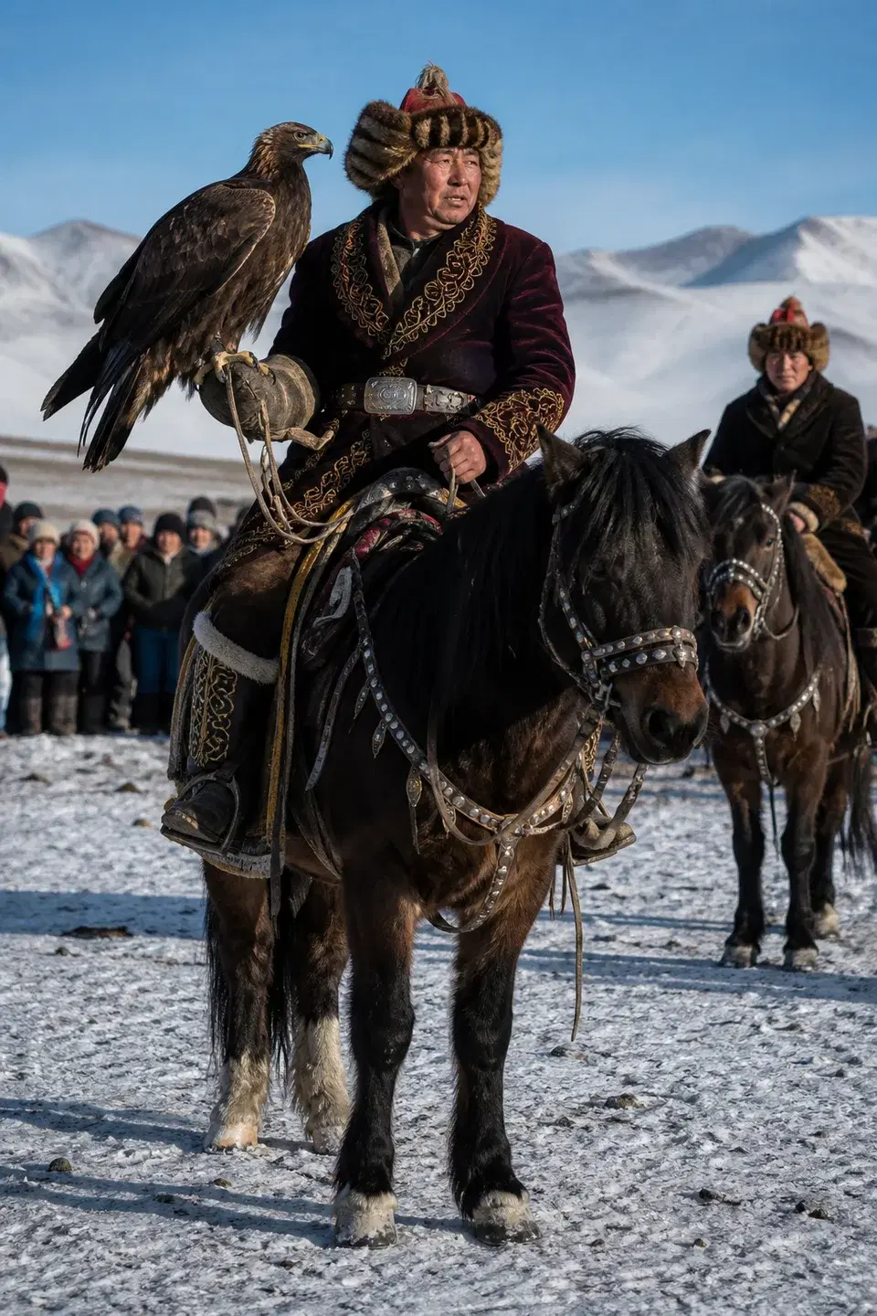 An eagle hunter on horseback at a winter cultural event in Mongolia