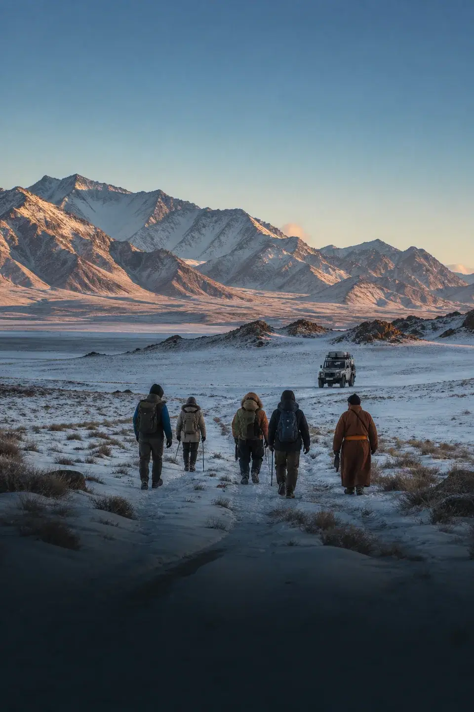 A guided group crossing Mongolia's snowy mountain landscape on a winter tour