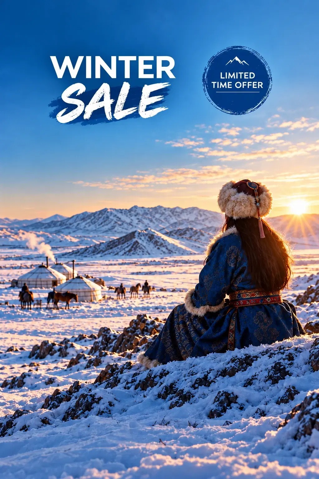 Winter Sale limited-time offer over a snowy Mongolian valley at sunset