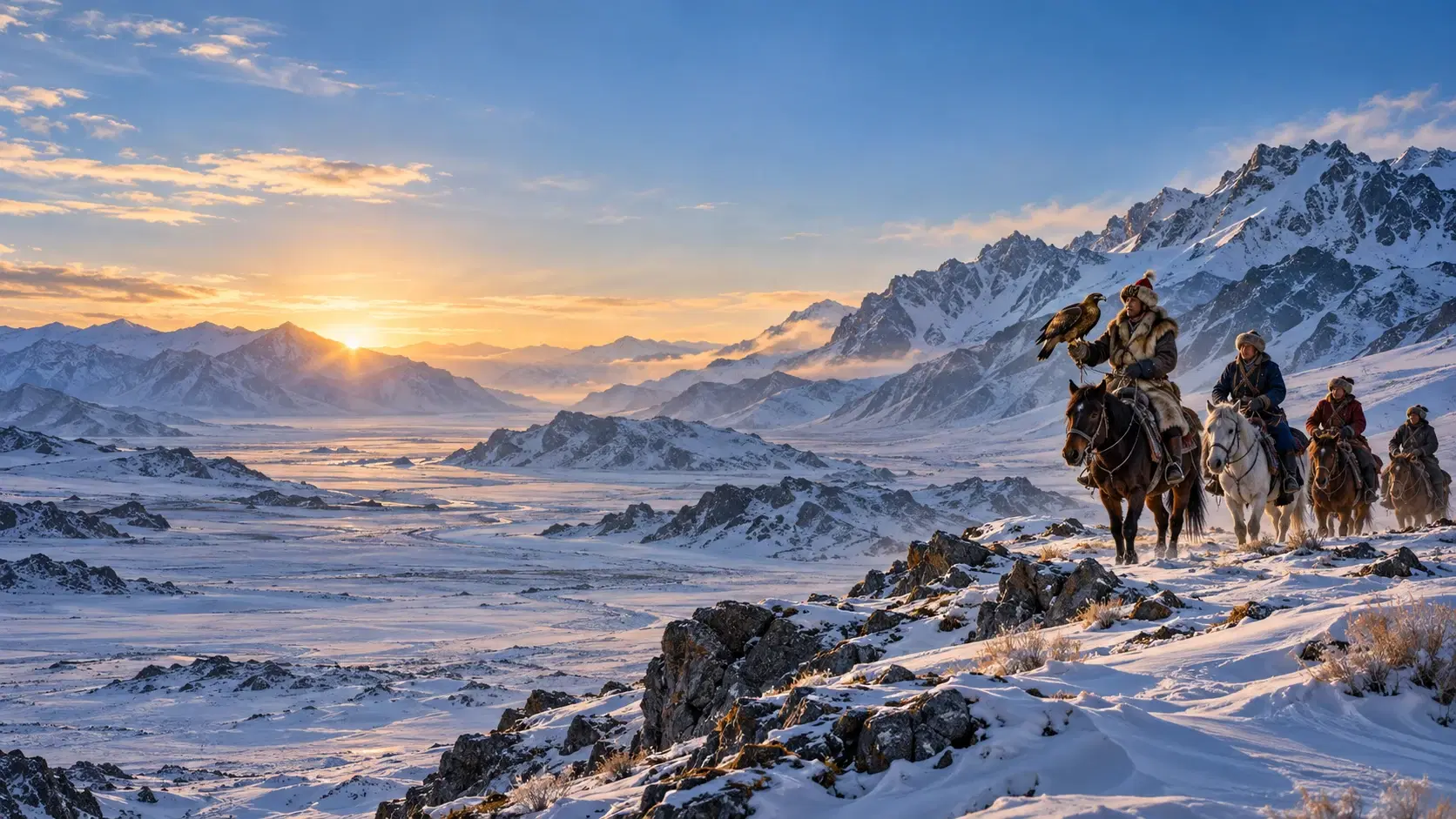 Illustrated Kazakh eagle hunter leading a group of riders through Mongolia's snow-covered Altai Mountains